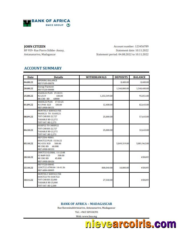 Madagascar Bank of Africa bank statement